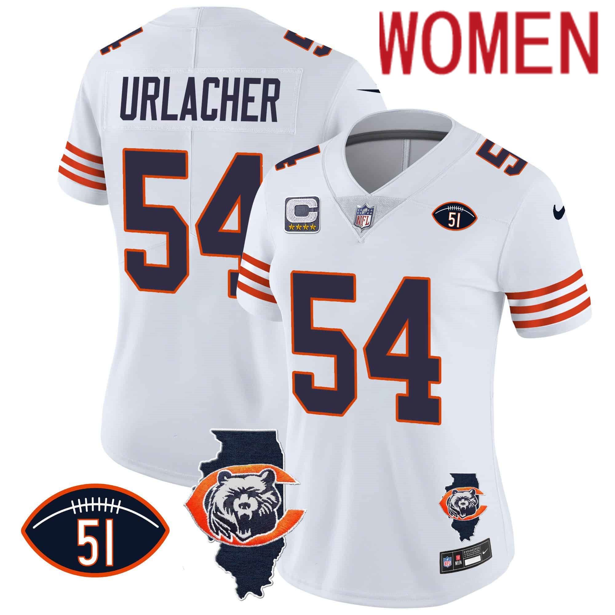 Women Chicago Bears #54 Urlacher White 2024 Nike Throwback Illinois Patch Vapor NFL Jersey->women nfl jersey->Women Jersey
